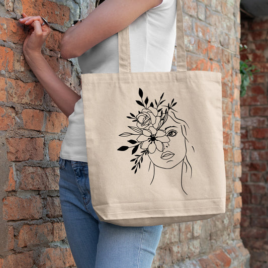 Flower girl face boho tote bag