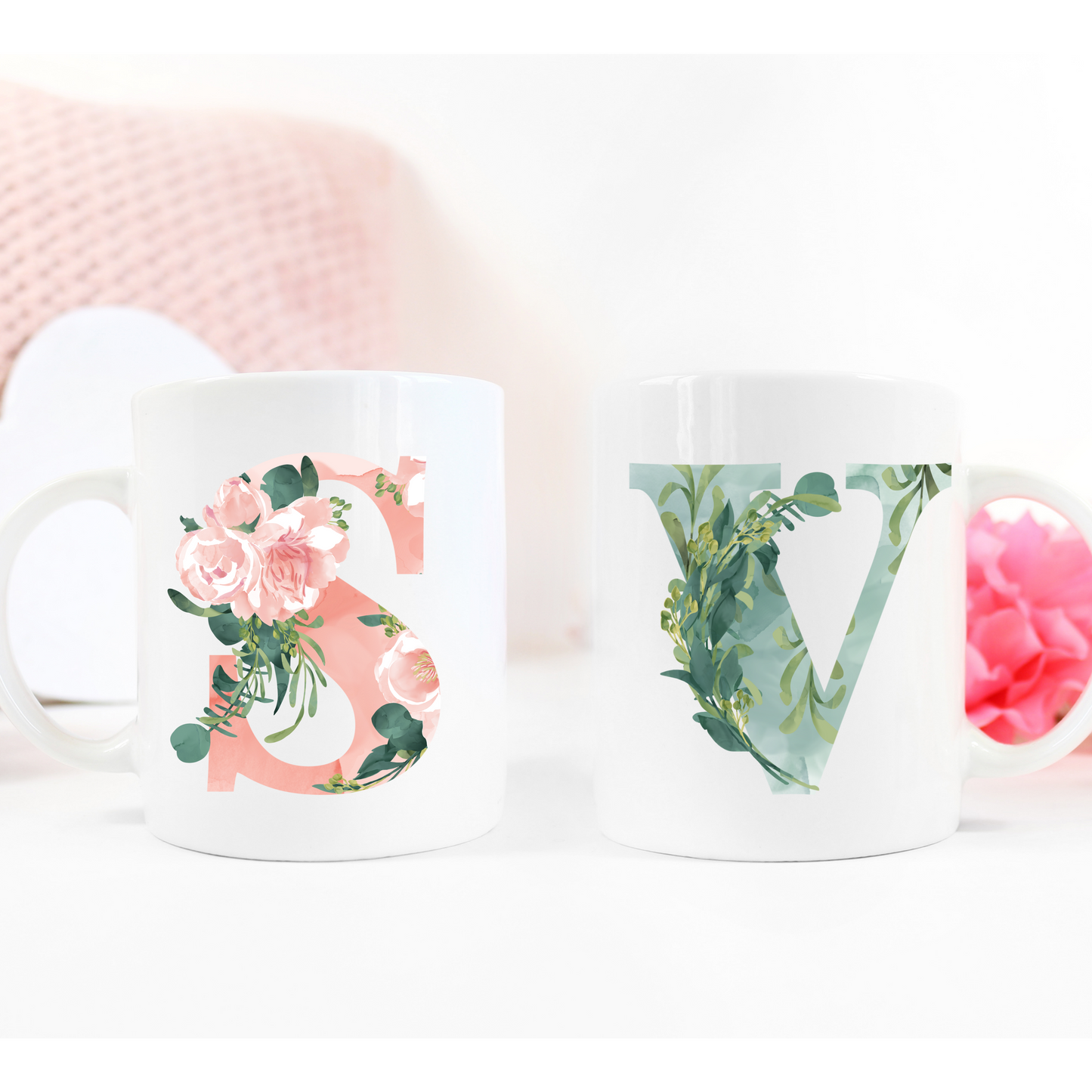 Couple's mug set, Two mugs couple gift set, Watercolour Letter with your name. Great gift for couples.