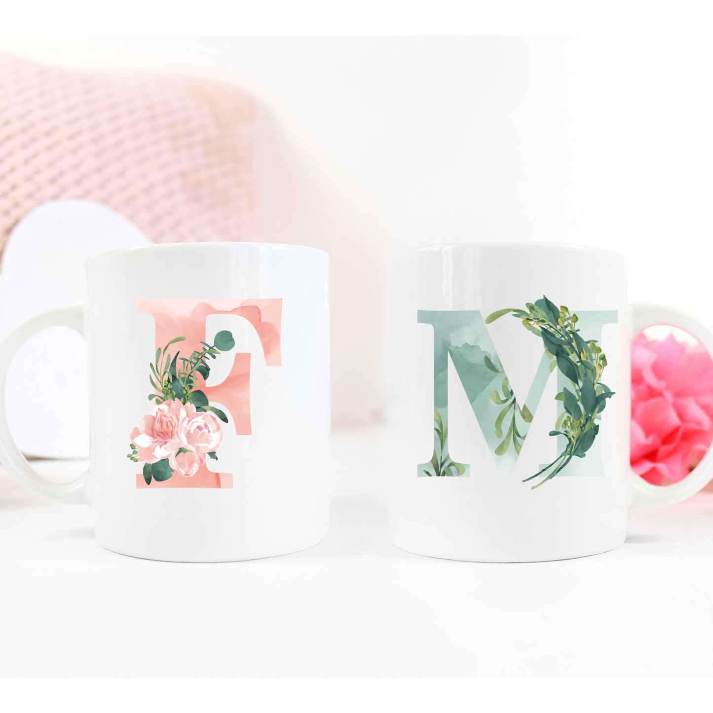 Couple's mug set, Two mugs couple gift set, Watercolour Letter with your name. Great gift for couples.