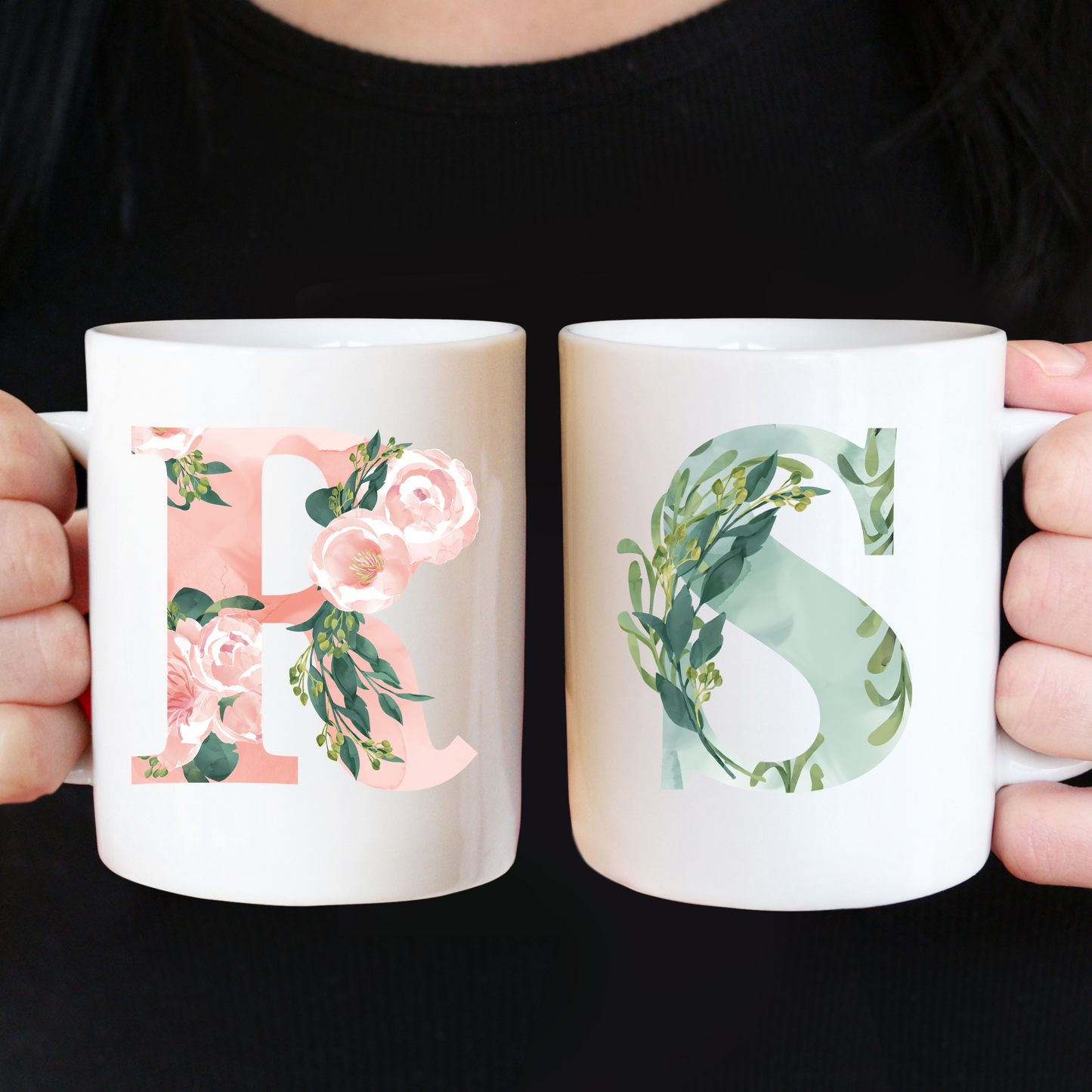 Couple's mug set, Two mugs couple gift set, Watercolour Letter with your name. Great gift for couples.